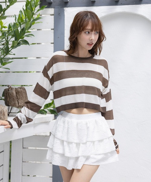 3.3 Field Trip (3.3フィールドトリップ)の「3.3 Field Trip/シアーボーダーロングスリーブ(ニット/セーター・レディース・ブラック/グレー・FREE)」の1枚目の写真