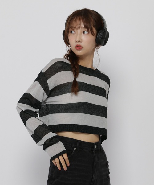 3.3 Field Trip (3.3フィールドトリップ)の「3.3 Field Trip/シアーボーダーロングスリーブ(ニット/セーター・レディース・ブラック/グレー・FREE)」の2枚目の写真