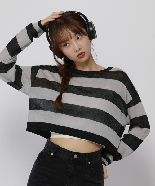 3.3 Field Trip (3.3フィールドトリップ)の「3.3 Field Trip/シアーボーダーロングスリーブ(ニット/セーター・レディース・ブラック/グレー・FREE)」の12枚目の写真