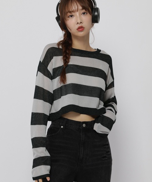 3.3 Field Trip (3.3フィールドトリップ)の「3.3 Field Trip/シアーボーダーロングスリーブ(ニット/セーター・レディース・ブラック/グレー・FREE)」の13枚目の写真