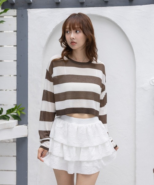 3.3 Field Trip (3.3フィールドトリップ)の「3.3 Field Trip/シアーボーダーロングスリーブ(ニット/セーター・レディース・ブラック/グレー・FREE)」の3枚目の写真