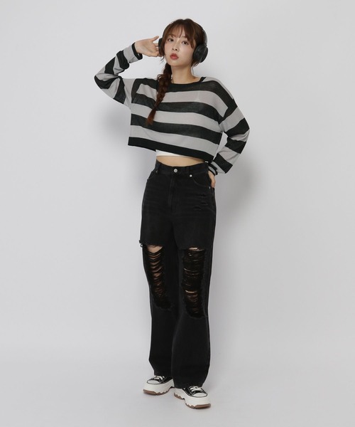 3.3 Field Trip (3.3フィールドトリップ)の「3.3 Field Trip/シアーボーダーロングスリーブ(ニット/セーター・レディース・ブラック/グレー・FREE)」の8枚目の写真