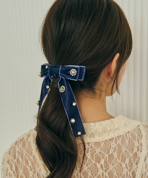 超美品ヴィンテージココマークリボンベロアバレッタ アシンメトリーベロアリボンバレッタ H7845 | ヘアアクセサリー
