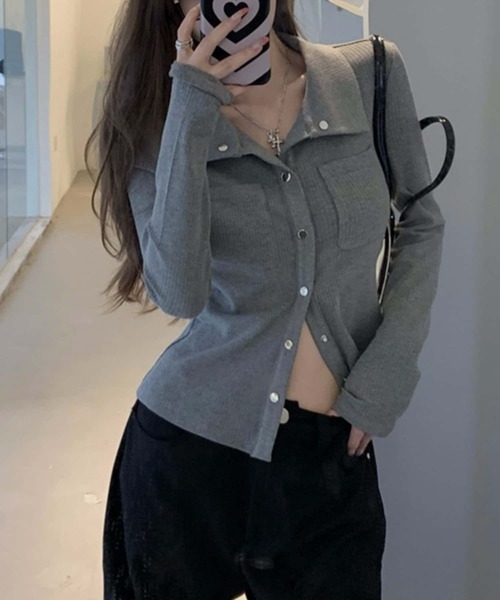 MAISON DE THERESE（メゾン ド テレーズ）の「胸ポケットリブ長袖トップス（Tシャツ/カットソー・レディース・ホワイト/グレー・S/M/L）」の8枚目の写真