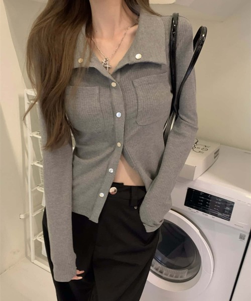 MAISON DE THERESE（メゾン ド テレーズ）の「胸ポケットリブ長袖トップス（Tシャツ/カットソー・レディース・ホワイト/グレー・S/M/L）」の10枚目の写真
