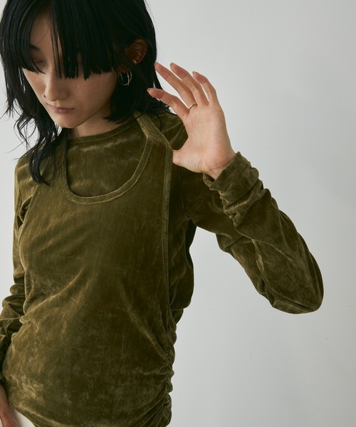 Lutim by u(ルチバイユー)の「フロッキーメッシュ 着こなし自在のセットアップ トップス(Tシャツ/カットソー・レディース・キャメル/ブラック/カーキ・FREE)」の1枚目の写真