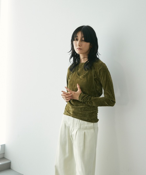 Lutim by u(ルチバイユー)の「フロッキーメッシュ 着こなし自在のセットアップ トップス(Tシャツ/カットソー・レディース・キャメル/ブラック/カーキ・FREE)」の9枚目の写真