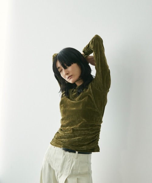 Lutim by u(ルチバイユー)の「フロッキーメッシュ 着こなし自在のセットアップ トップス(Tシャツ/カットソー・レディース・キャメル/ブラック/カーキ・FREE)」の10枚目の写真