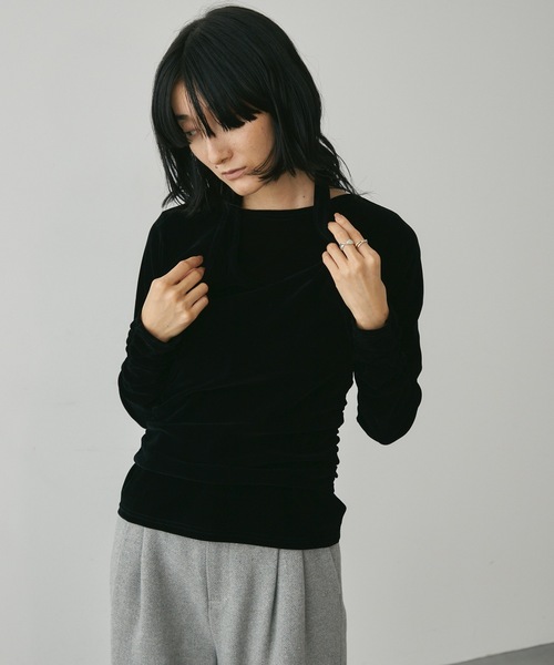 Lutim by u(ルチバイユー)の「フロッキーメッシュ 着こなし自在のセットアップ トップス(Tシャツ/カットソー・レディース・キャメル/ブラック/カーキ・FREE)」の6枚目の写真