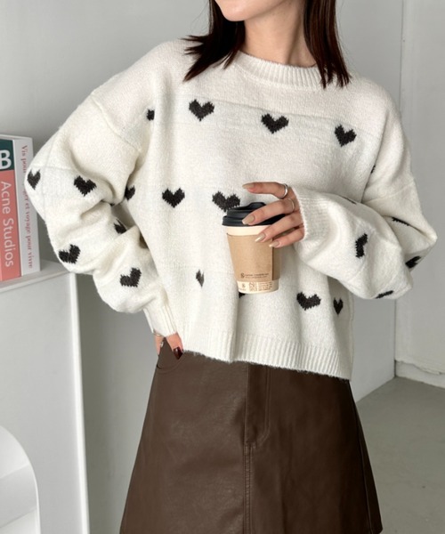 CLEA（クレア）の「ラインハート柄長袖ニットトップス（ニット/セーター・レディース・ピンク/ブラウン/グレー/アイボリー・FREE）」の10枚目の写真