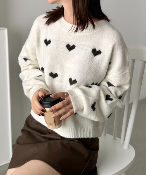 CLEA（クレア）の「ラインハート柄長袖ニットトップス（ニット/セーター・レディース・ピンク/ブラウン/グレー/アイボリー・FREE）」の12枚目の写真