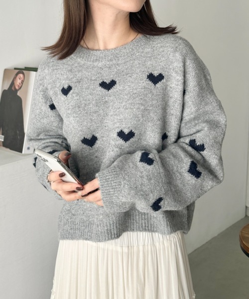 CLEA（クレア）の「ラインハート柄長袖ニットトップス（ニット/セーター・レディース・ピンク/ブラウン/グレー/アイボリー・FREE）」の14枚目の写真