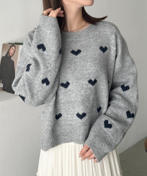CLEA（クレア）の「ラインハート柄長袖ニットトップス（ニット/セーター・レディース・ピンク/ブラウン/グレー/アイボリー・FREE）」の17枚目の写真