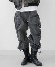 minsobi | ケミカルウォッシュ カーブデニム  ワイドデニムパンツ ロングパンツ バギーワイドバイカーデニムパンツ(デニムパンツ)