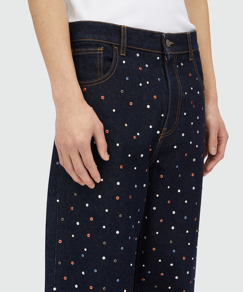 【関税込み】MSGM ブルー スタッズ ワイドレッグジーンズ セール】マルチスタッズ ワイドレッグデニムパンツ（デニム
