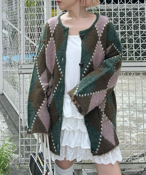 アーガイル柄のふさふさBIGカーデ（カーディガン/ボレロ）｜Alley