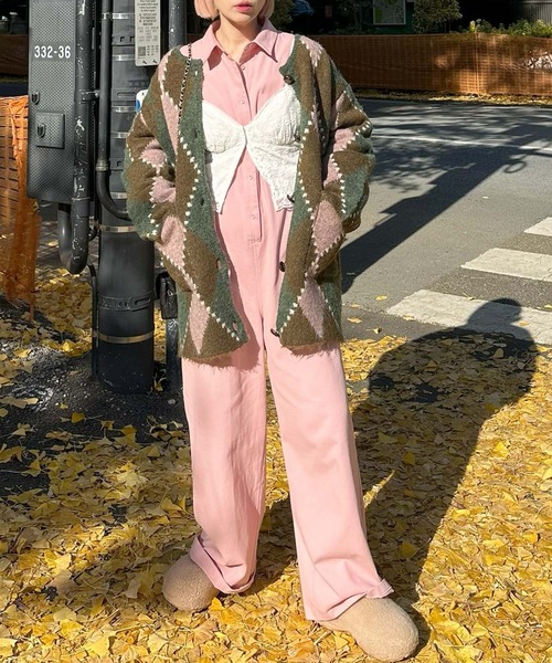 アーガイル柄のふさふさBIGカーデ（カーディガン/ボレロ）｜Alley