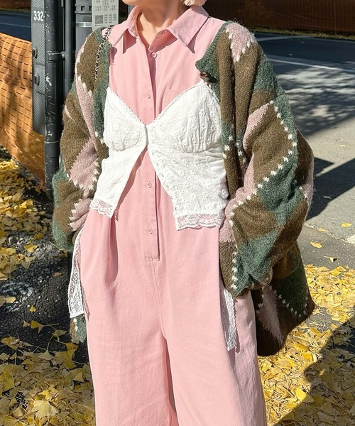 アーガイル柄のふさふさBIGカーデ（カーディガン/ボレロ）｜Alley