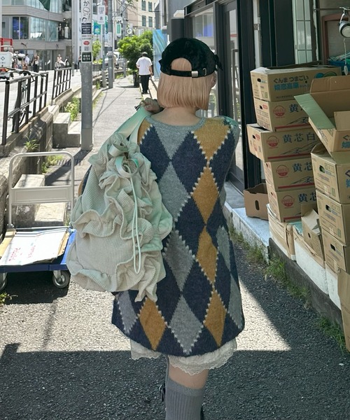 アーガイル柄のふさふさBIGカーデ（カーディガン/ボレロ）｜Alley