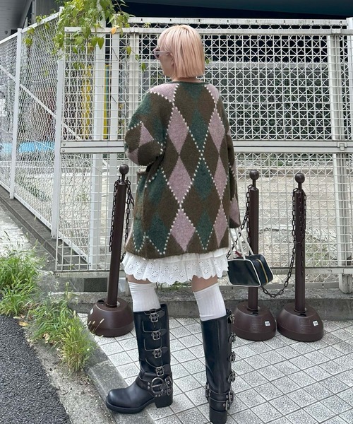 アーガイル柄のふさふさBIGカーデ（カーディガン/ボレロ）｜Alley