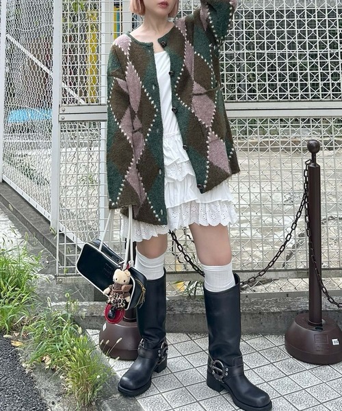 アーガイル柄のふさふさBIGカーデ（カーディガン/ボレロ）｜Alley