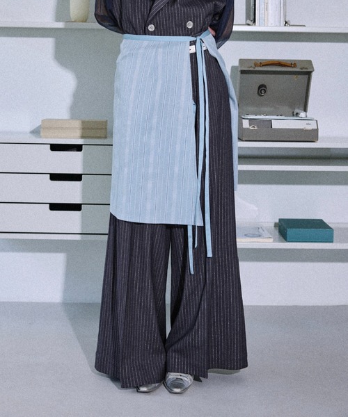 ジャカード ストライプテキスタイル＆カーフスキン Jaguard stripe layered wrap skirt / ジャガードストライプ
