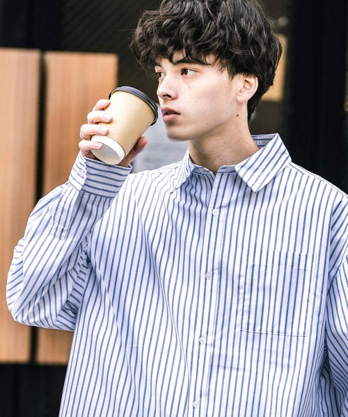 Rocky Monroe(ロッキーモンロー)の「オーバーサイズ 無地 チェック柄 ストライプ柄 レギュラーカラー長袖シャツ(シャツ/ブラウス・メンズ・ブラック系1/ホワイト/ブラック系/ブルー系/ブルー系1/オレンジ/ネイビー/ホワイト系/ブラック/ブルー/ブラック系2・M/L/XL)」の3枚目の写真