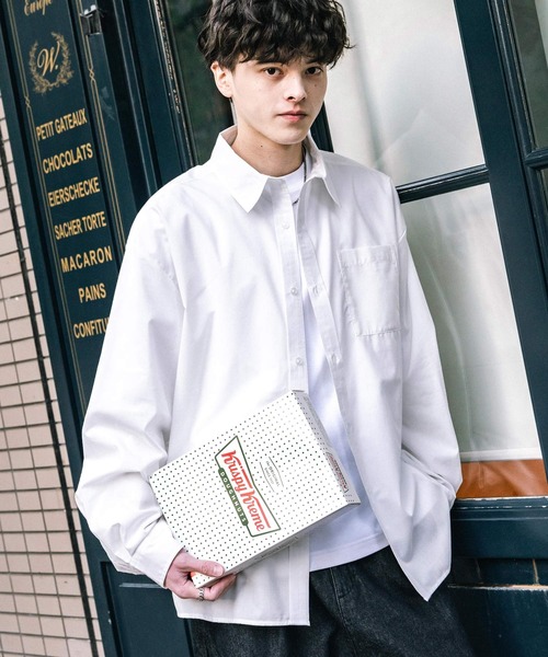 Rocky Monroe(ロッキーモンロー)の「オーバーサイズ 無地 チェック柄 ストライプ柄 レギュラーカラー長袖シャツ(シャツ/ブラウス・メンズ・ブラック系1/ホワイト/ブラック系/ブルー系/ブルー系1/オレンジ/ネイビー/ホワイト系/ブラック/ブルー/ブラック系2・M/L/XL)」の2枚目の写真