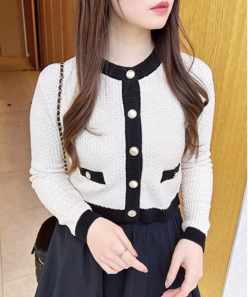 INGNI（イング）の「配色ツイードニットカーディガン（カーディガン/ボレロ・レディース・ブラック×ホワイト/ピンク系6/ホワイト×ブラック・M）」の4枚目の写真