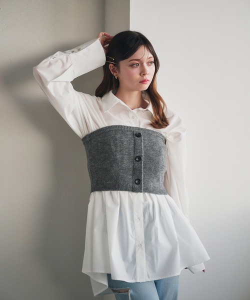 fupel（フぺル）の「bustier set voluminous peplum shirt blous / ビスチェ付きボリュームペプラムシャツブラウス（シャツ/ブラウス・レディース・ライトブルー/オフホワイト・FREE）」の5枚目の写真