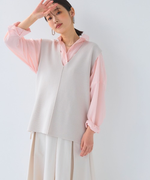 CROSS FUNCTION（クロスファンクション）の「《洗える》サマ美え マシュマロミラノディープVネックベスト【CF/クロスファンクション】（ベスト・レディース・ライトベージュ/ブラック・L/M/LL）」の2枚目の写真