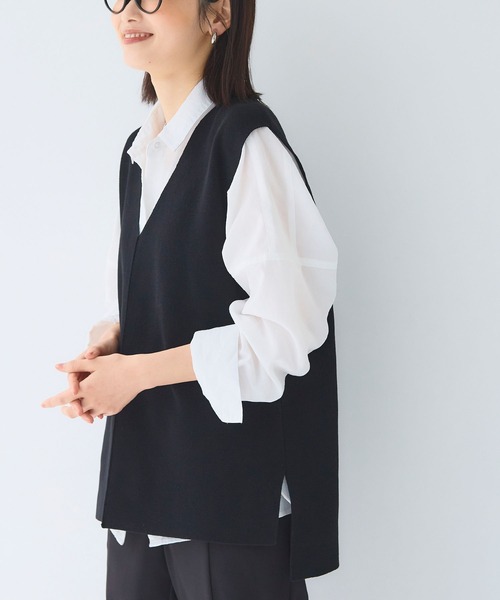 CROSS FUNCTION（クロスファンクション）の「《洗える》サマ美え マシュマロミラノディープVネックベスト【CF/クロスファンクション】（ベスト・レディース・ライトベージュ/ブラック・L/M/LL）」の4枚目の写真