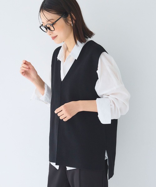 CROSS FUNCTION（クロスファンクション）の「《洗える》サマ美え マシュマロミラノディープVネックベスト【CF/クロスファンクション】（ベスト・レディース・ライトベージュ/ブラック・L/M/LL）」の5枚目の写真