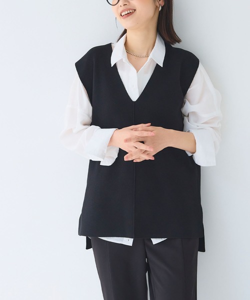 CROSS FUNCTION（クロスファンクション）の「《洗える》サマ美え マシュマロミラノディープVネックベスト【CF/クロスファンクション】（ベスト・レディース・ライトベージュ/ブラック・L/M/LL）」の3枚目の写真