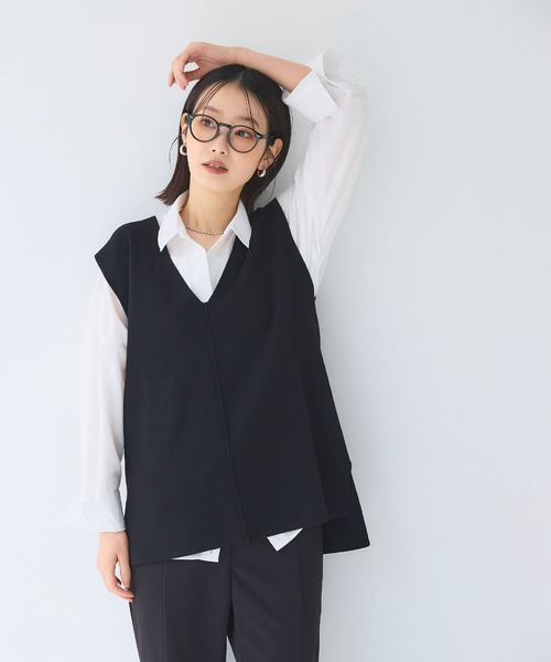 CROSS FUNCTION（クロスファンクション）の「《洗える》サマ美え マシュマロミラノディープVネックベスト【CF/クロスファンクション】（ベスト・レディース・ライトベージュ/ブラック・L/M/LL）」の6枚目の写真