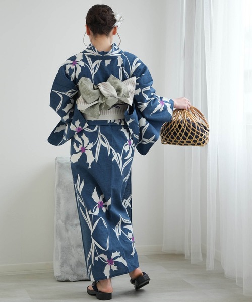浴衣3点セット utatane×注染工房 赤坂紬 青藍にかごめなでしこ染め分け utatane 浴衣 レディース セット utatane×注染工房 浴衣3点