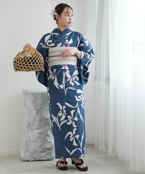 手染め注染浴衣3点セット utatane×注染工房 赤坂紬 青藍に滲み紫