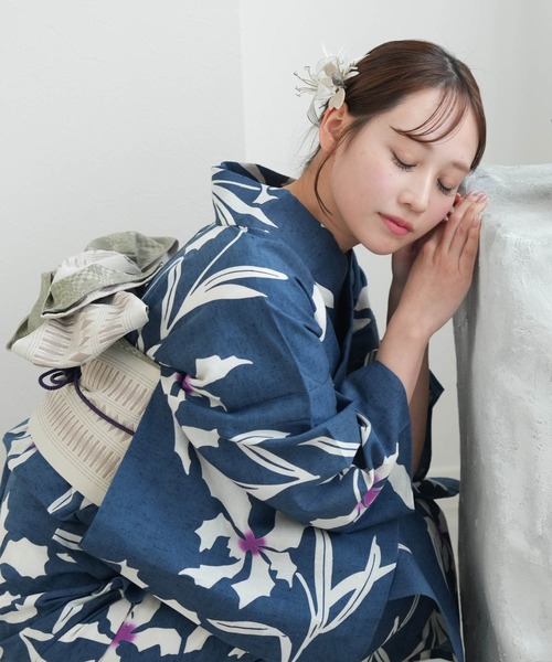 手染め注染浴衣3点セット utatane×注染工房 赤坂紬 青藍に滲み紫