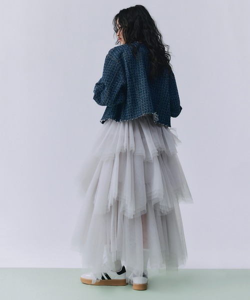 EIMY ISTOIRE(エイミーイストワール)の「ツイードライクデニムジャケット(ノーカラージャケット・レディース・ブラック/インディゴブルー・F)」の6枚目の写真