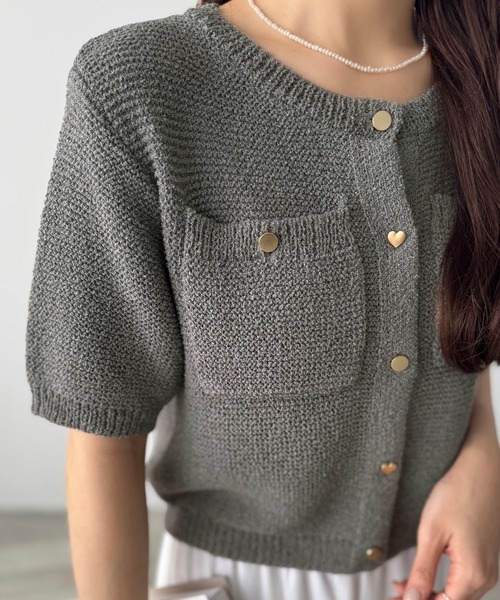 WYM KNIT SHIRT CARDIGAN ニットポロ カーディガン 短丈 セール】ハートボタン半袖ニットカーディガン(ショート丈