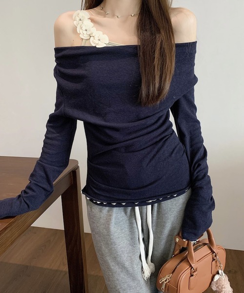 MAISON DE THERESE（メゾン ド テレーズ）の「フラワーレイヤードプセット長袖Tシャツ（Tシャツ/カットソー・レディース・ブラウン/ネイビー/ピンク・M）」の6枚目の写真