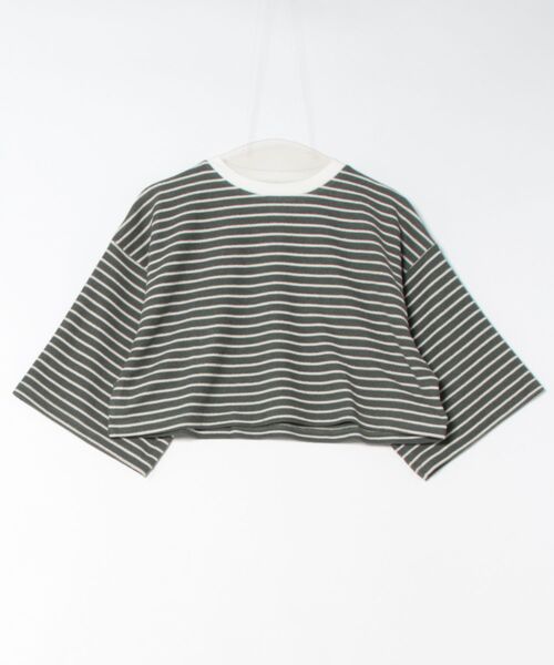 STYLEBLOCK（スタイルブロック）の「パイルボーダーハーフスリーブクロップドTシャツ（Tシャツ/カットソー・レディース・ベージュ/グリーン/モカ/ブラック・M）」の4枚目の写真