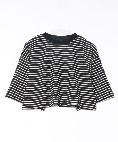 STYLEBLOCK（スタイルブロック）の「パイルボーダーハーフスリーブクロップドTシャツ（Tシャツ/カットソー・レディース・ベージュ/グリーン/モカ/ブラック・M）」の5枚目の写真