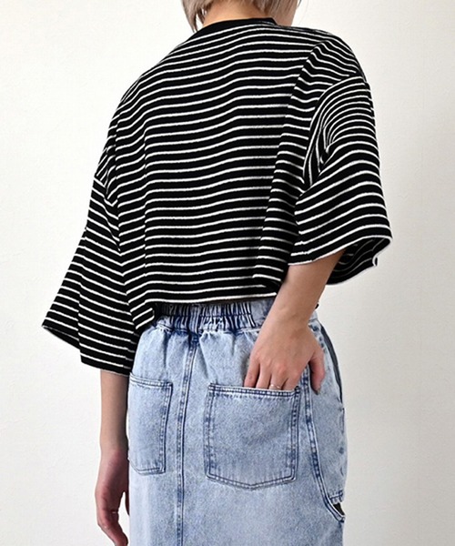 STYLEBLOCK（スタイルブロック）の「パイルボーダーハーフスリーブクロップドTシャツ（Tシャツ/カットソー・レディース・ベージュ/グリーン/モカ/ブラック・M）」の6枚目の写真