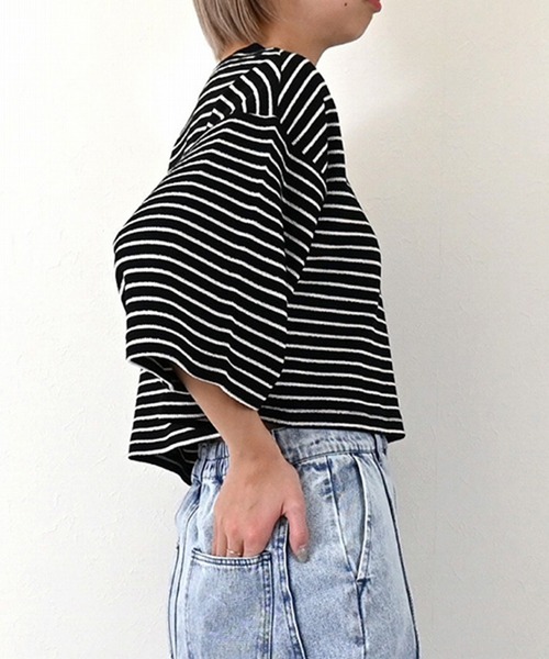 STYLEBLOCK（スタイルブロック）の「パイルボーダーハーフスリーブクロップドTシャツ（Tシャツ/カットソー・レディース・ベージュ/グリーン/モカ/ブラック・M）」の7枚目の写真