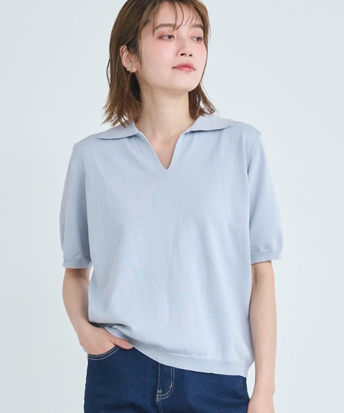 新品1piu1uguale3 スキッパーニット半袖ポロシャツ[MRK175青5] 畦編み スキッパー半袖ポロ（ニット）｜STRASBURGO OUTLET