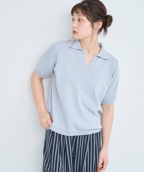 ポロシャツ ポロ コットンブークレー スキッパーニットポロシャツ レディース スキッパーポロニット（ポロシャツ）｜attiree（アティレー）の