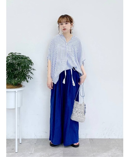 完売品☆新品☆ニコアンド☆COMFORTリネンワイドブラウス Ｌブルーストライプ niko and… ブラウス シャツ COMFORTリネンワイドブラウス