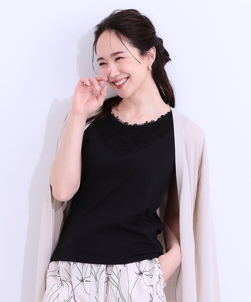 DRESKIP（ドレスキップ）の「【S-LL】レースで魅せる 綿混タンクトップ（タンクトップ・レディース・ブラック/チャコールグレー/ナチュラル/オフホワイト・01/02/03/04）」の5枚目の写真