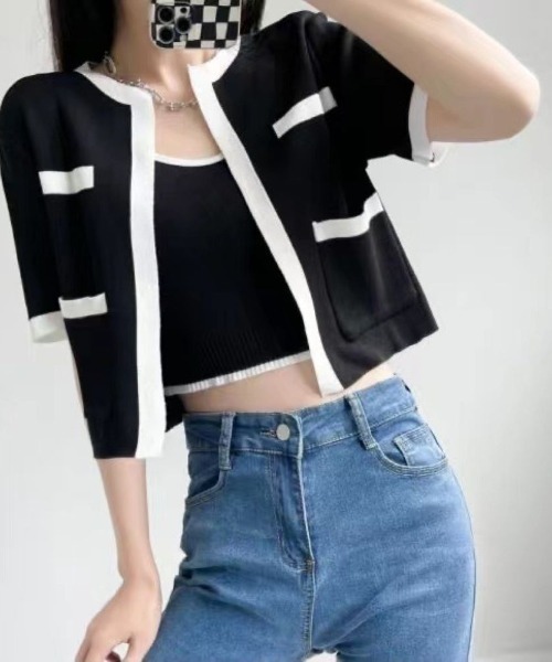 LETee（レティー）の「これ1枚で即トレンドコーデ！配色デザインが映える大人かわいいニットアンサンブル（アンサンブル・レディース・ピンク/ブラック/ホワイト/イエロー・FREE）」の6枚目の写真